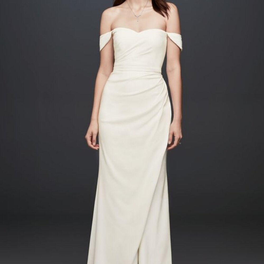 David's Bridal Draped Off-The-Shoulder Crepe Sheath Gown